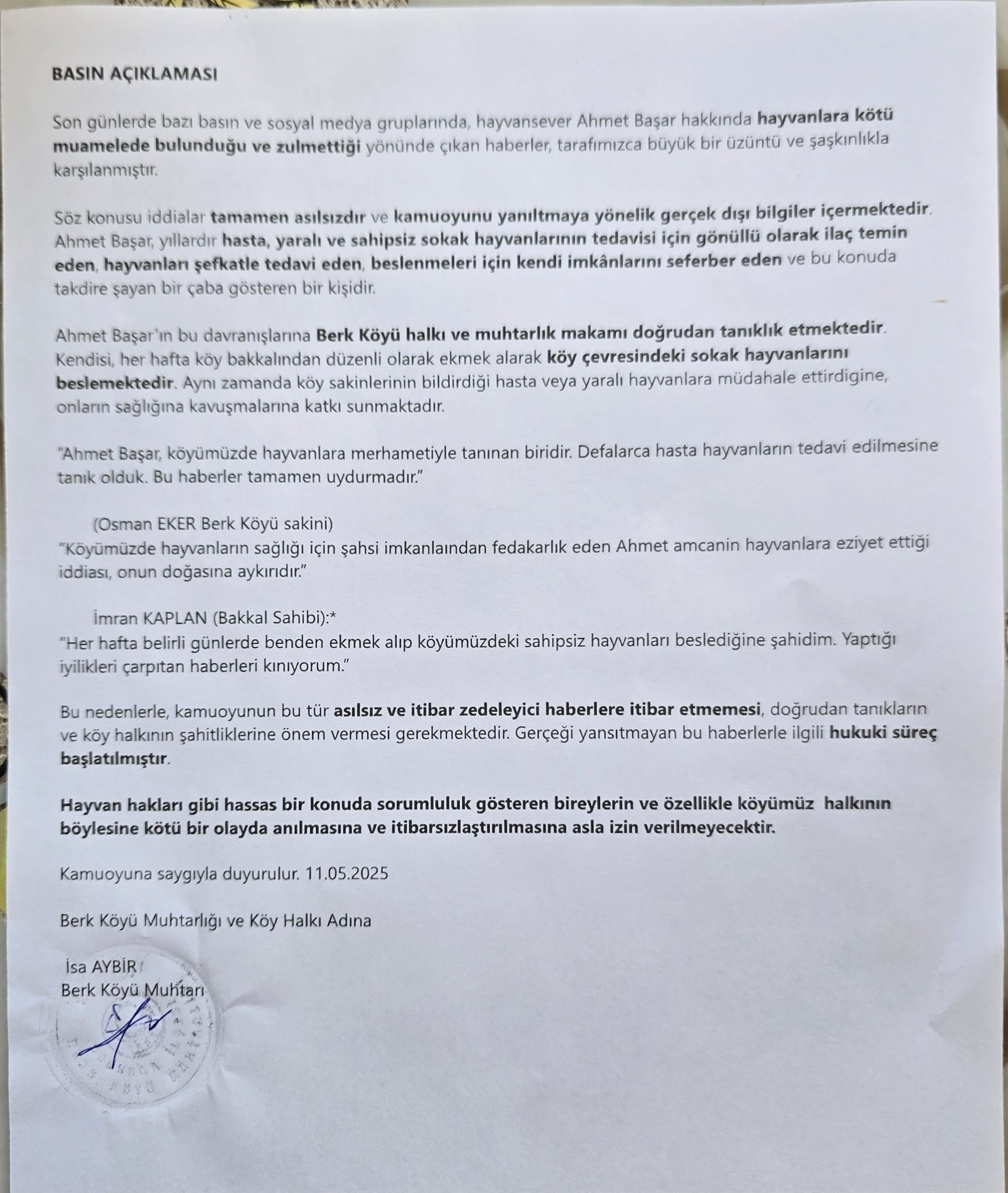 Berk Köyü Muhtarı Aybir iddiaları yalanladı Son günlerde, bazı basın ve sosyal medya gruplarında, Çorum'un Dodurga
