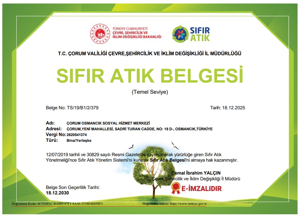 Osmancık Sosyal Hizmet Merkezi, Sıfır Atık Belgesi aldı