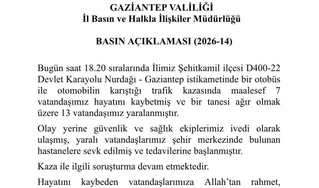 Gaziantep’te Feci Kaza: 7 Kişi Hayatını Kaybetti, 13 Kişi Yaralandı Gaziantep Şehitkamil’de otobüs ile otomobilin karıştığı trafik kazasında 7 kişi